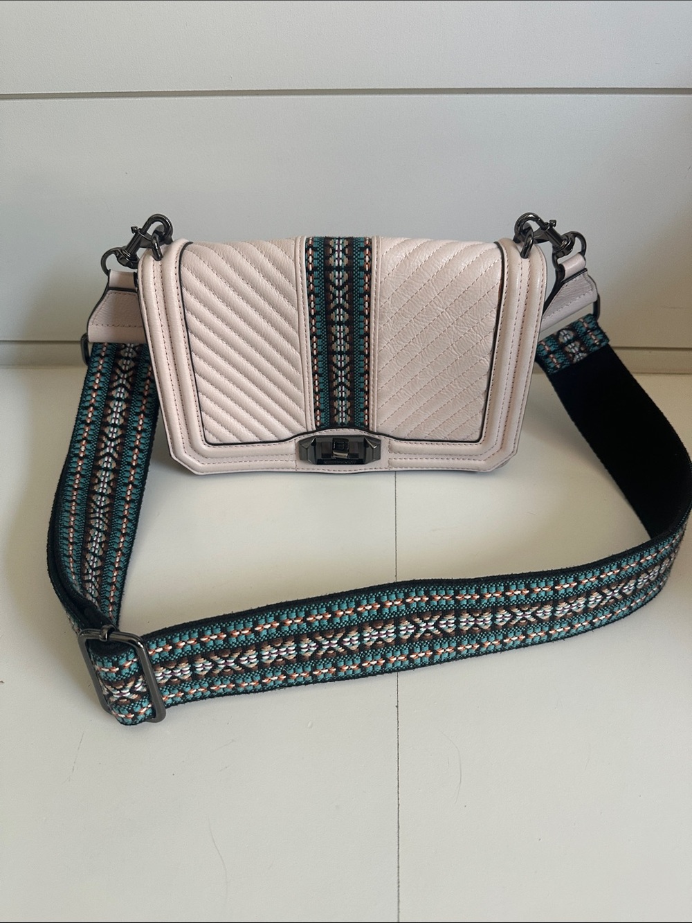 Rebecca Minkoff Pale Pink Quilted Crossbody with Embroidered Guitar Strap